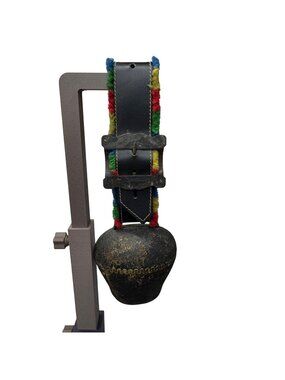 Antique Large Rustic Iron Cow Ox Bell Swiss Leather Strap Fleece Accents 4.5”